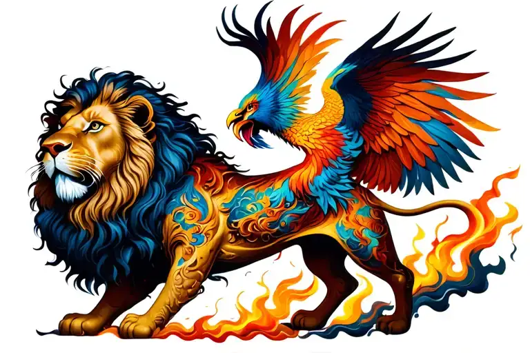 Lion And Phoenix Rising From The Ashes