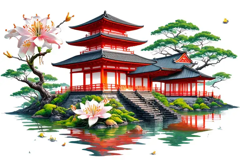 Japanese Temple With Spider Lily Floating Around