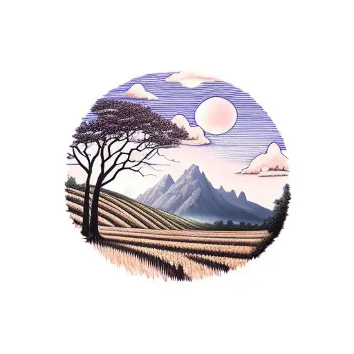 Two People Walking Away In A Hay Field With A Lake And Mountains In The Background