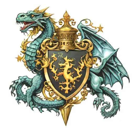 Coat Of Arms Of The Brussax Family With A Dragon And The Orion Constellation