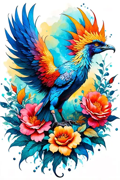 Phoenix With Water Color With Flowers