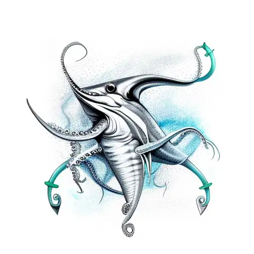 Both A Swordfish And An Octopus Wrapped Around An Anchor