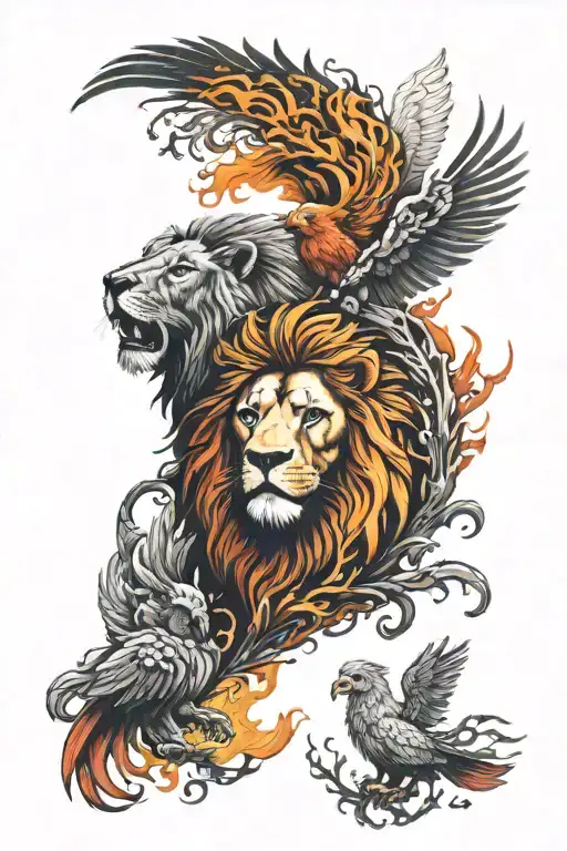 Lion And Phoenix Rising From The Ashes
