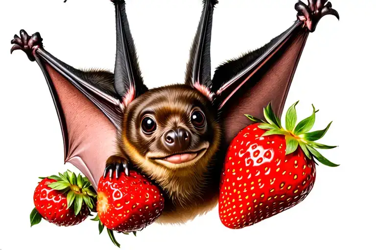 Fruit Bat Hanging Upside Down By Its Feet Holding A Strawberry