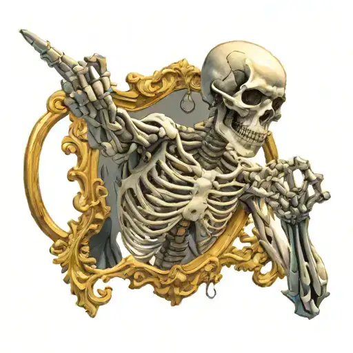 Skeleton Pointing In Large Mirror At Chaotic Man