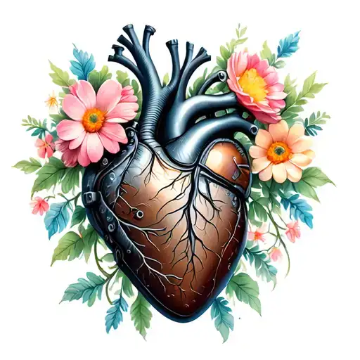 A Mechanical Heart With A Steampunk Aesthetic And Delicate Natural Flowers Growing From It