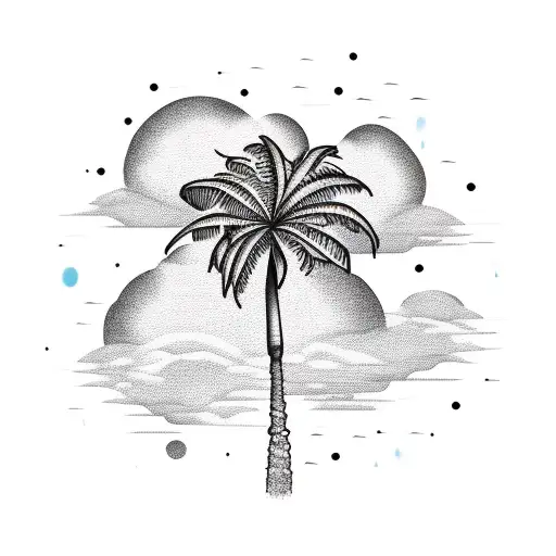 A Dotwork Tattoo Of A Palm Tree With Minimalist Clouds In The Background