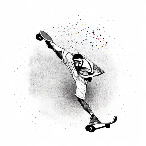 A Blackwork Tattoo Of A Skateboarder Doing A Trick With Vibrant Splashes Of Color Around Them