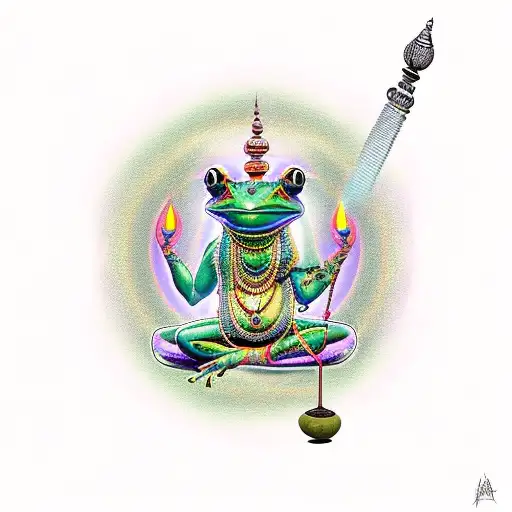 A Large Indian Mace With Mystical Frog Meditating In A Lotus Position