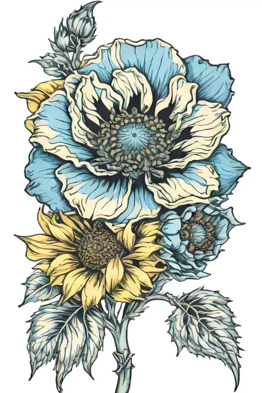 Blue Poppy And Sunflower Intertwined