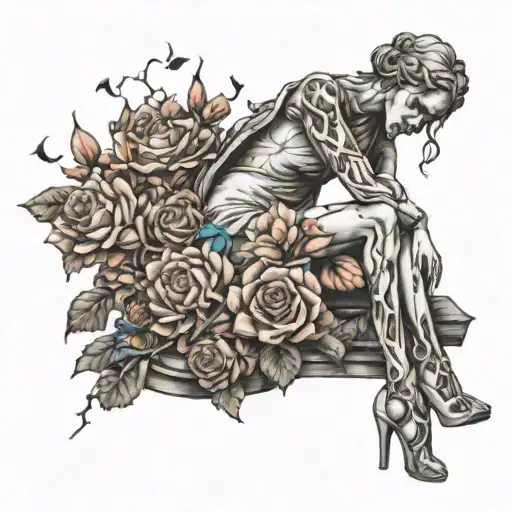 Realistic Woman Statue With Broken Legs And Flowers
