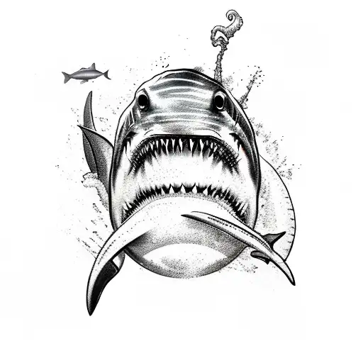 A Sketch Style Tattoo Of A Shark Jumping Out Of A Map And Breaking Through The Surface Of The Sea