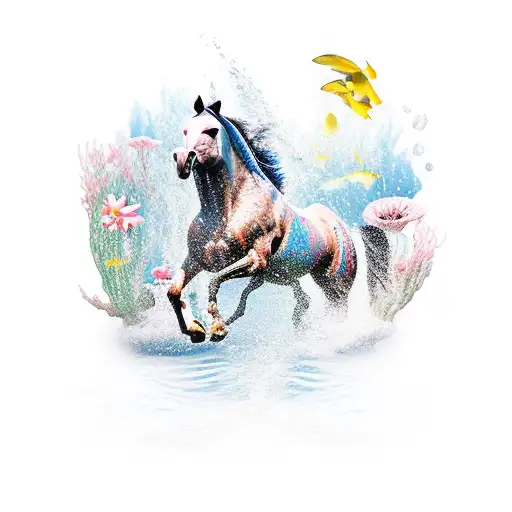 Horse Running In The Sea And Splashing Flowers