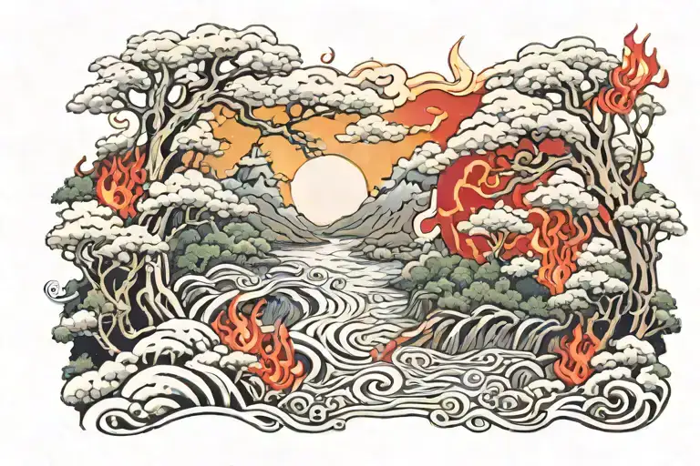 Japanese Forest River Covered In Amaterasu Flames On The Night Of The Sharingan Moon