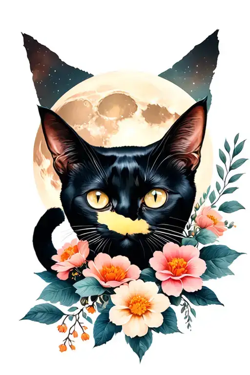 Black Cat With Moon And Flowers