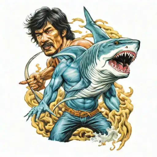 Poseidon Killing A Shark With His Trident But With Bruce Lee Influence