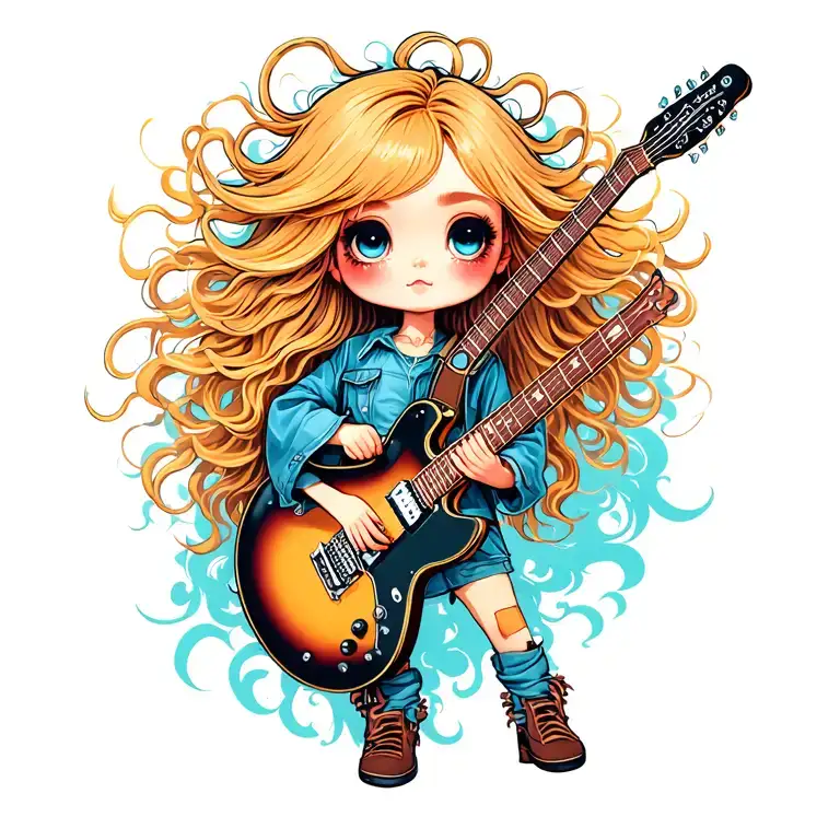 Blonde Chibi Girl With Messy Long Hair Playing Guitar