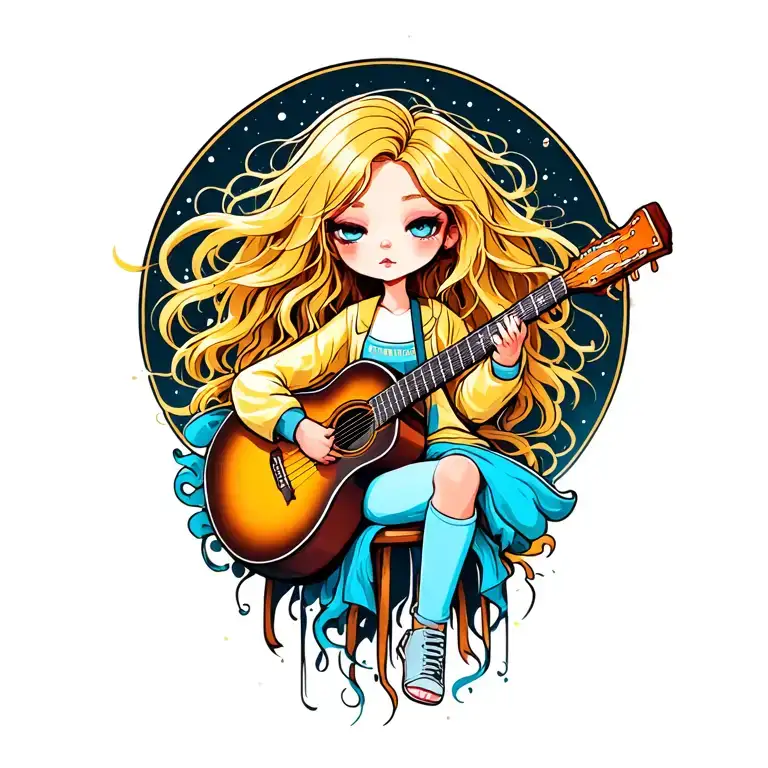 Blonde Chibi Girl With Messy Long Hair Playing Acoustic Guitar