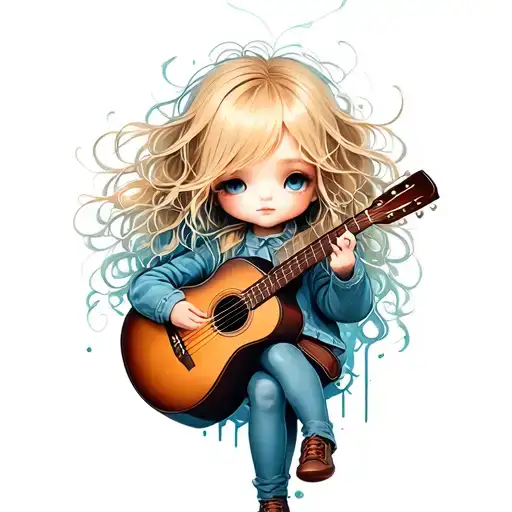 Blonde Chibi Girl With Messy Hair Playing Acoustic Guitar