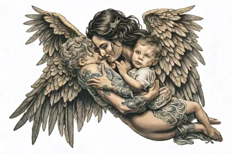 Mother With Wings Lifting Son Full Body