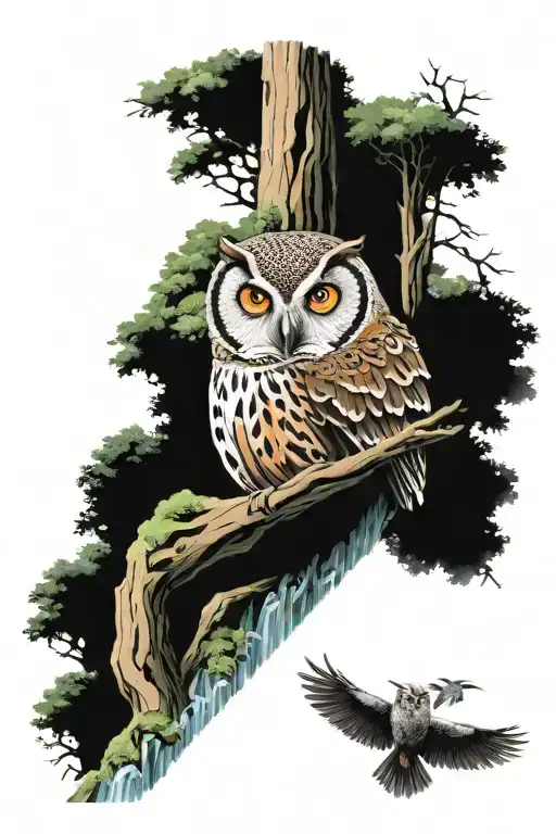 Dubble Exposure Of Mother Nature With A Waterfall And An Owl Above It As Full Arm Sleeve