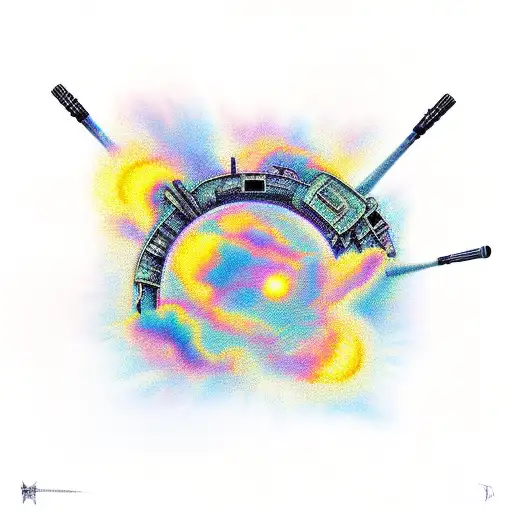 A Sunset Painting With Hidden Images Of Army Equipment