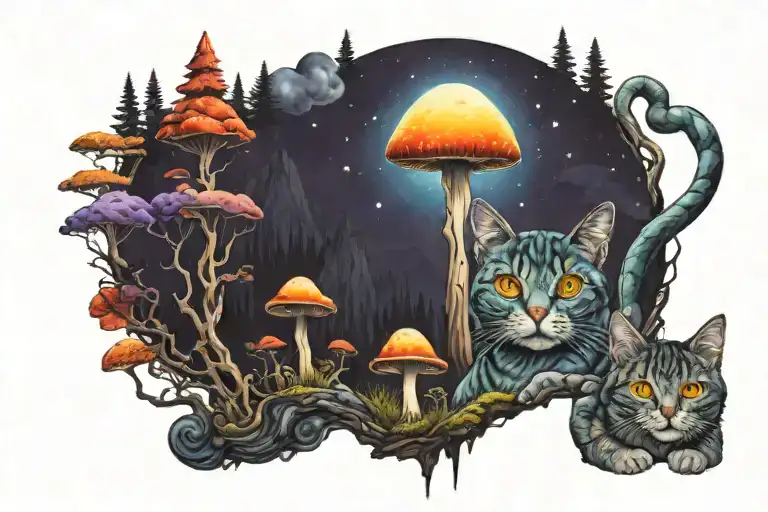 Mushroom Cat Acid Trip Space Forest Mountains