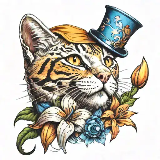 Orange Cat With A Broken Blue Bell Collar Surrounded By Tigerlillies And With A Nurse's Cap On Top