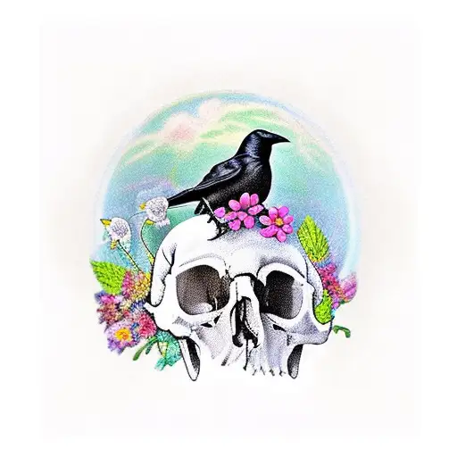 Crow Sitting On A Skull With Flowers