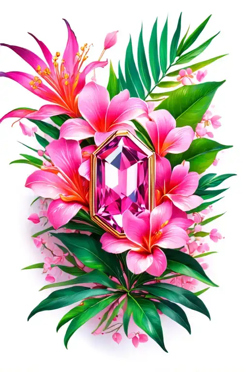 Pink Sapphire On White Gold With Pink Tropical Flowers In Background