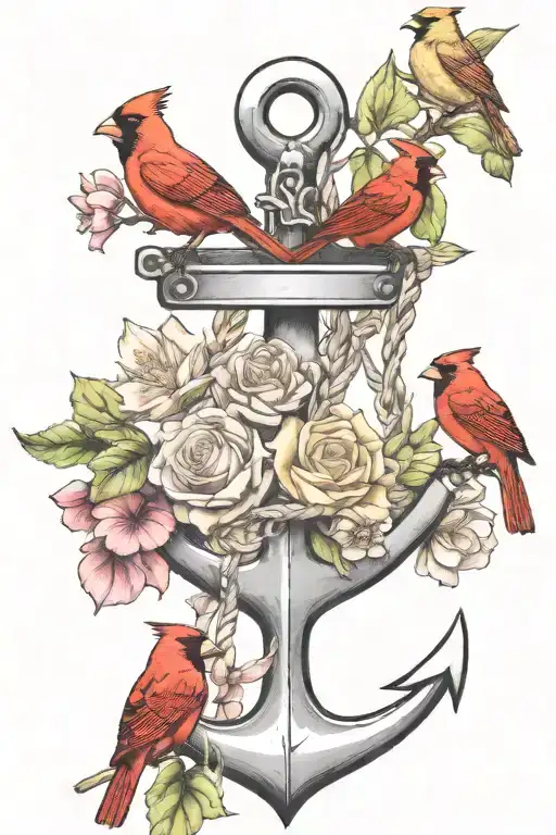 July Birth Flower Flowing Out Of An Anchor With Cardinals Sitting On A Branch