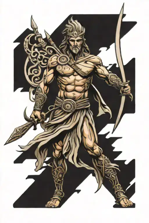 Tribal Tattoo Depicting Achilles Greek God Holding Two Swords With Tribal Background