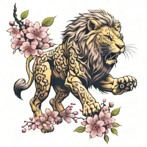Cherry Blossoms Lion Roaring