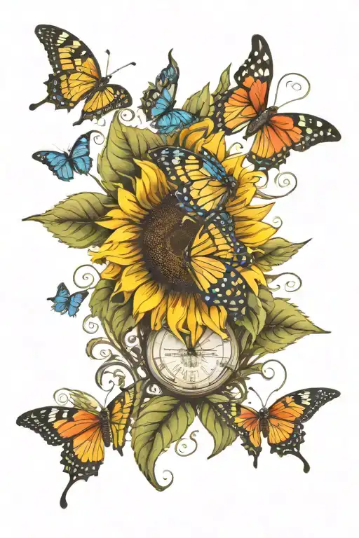 Surrealist Sunflower With Butterflies Flying