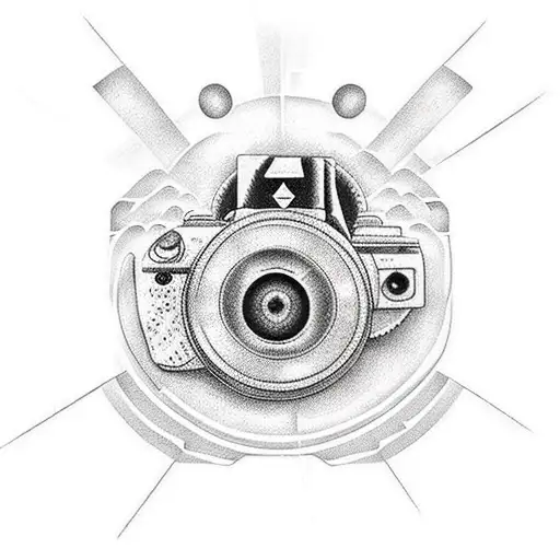 Create A Dotwork Tattoo Featuring A Camera Lens Morphing Into A Gaming Controller