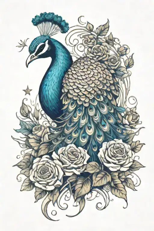 Peacock Intertwined With Thorny Roses Wrapped With Stars