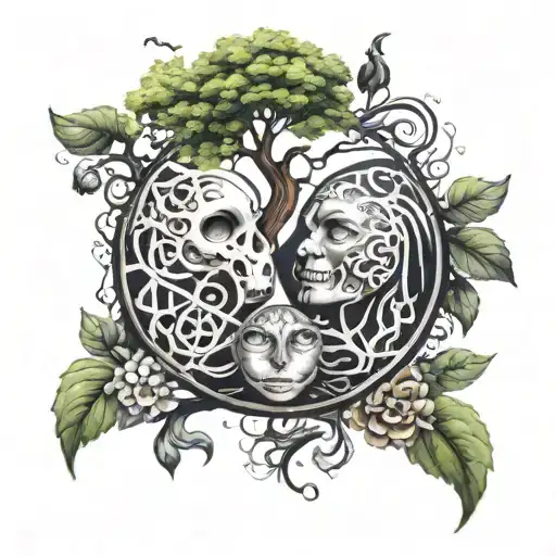 Tattoo Depicting Good And Evil Incorporating Tree Of Life And Ying Yang But No Face