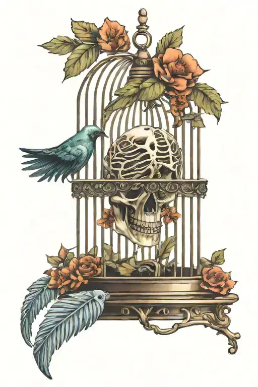 Bird Skeleton In A Birdcage With An Open Door