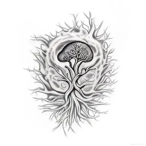 A Realistic Tattoo Of A Plant With Roots Shaped Like A Brain