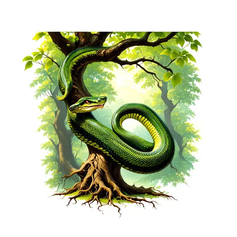 Snake Climbing Tree With A Rise Vine Wrapped Around The Trunk And Roots Reaching Deep
