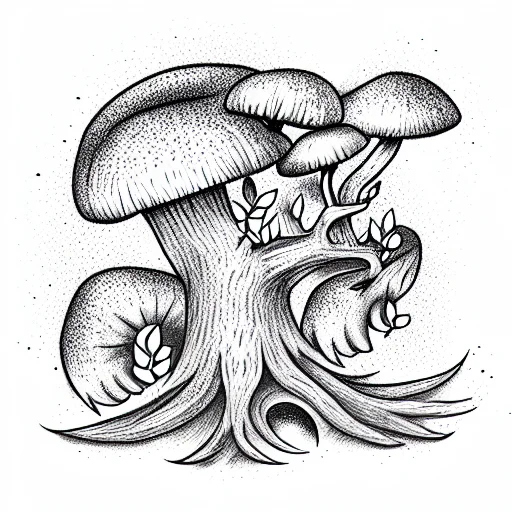 Rainbow Fox Climbing Up A Gnarly Tree With Mushrooms At The Base