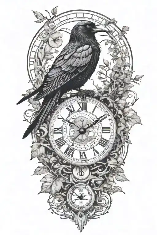 Raven Perched With Runes And Clockwork And Branches With Read Leaves