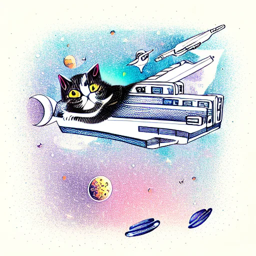 Sleeping Cat Lying On Top Of A Flying Spaceship In Space