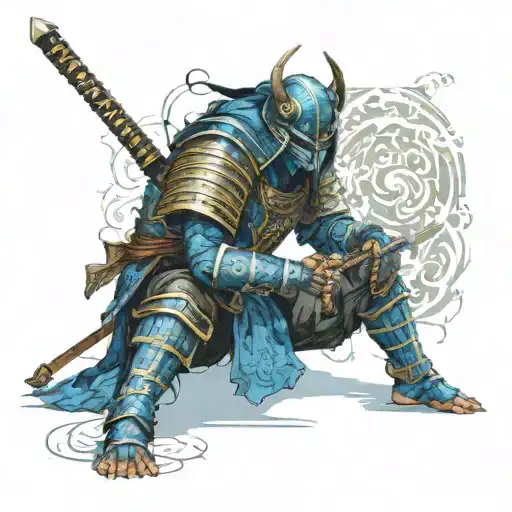 A Blue Armored Samurai Warrior Kneeling With A Sword Head Bowing