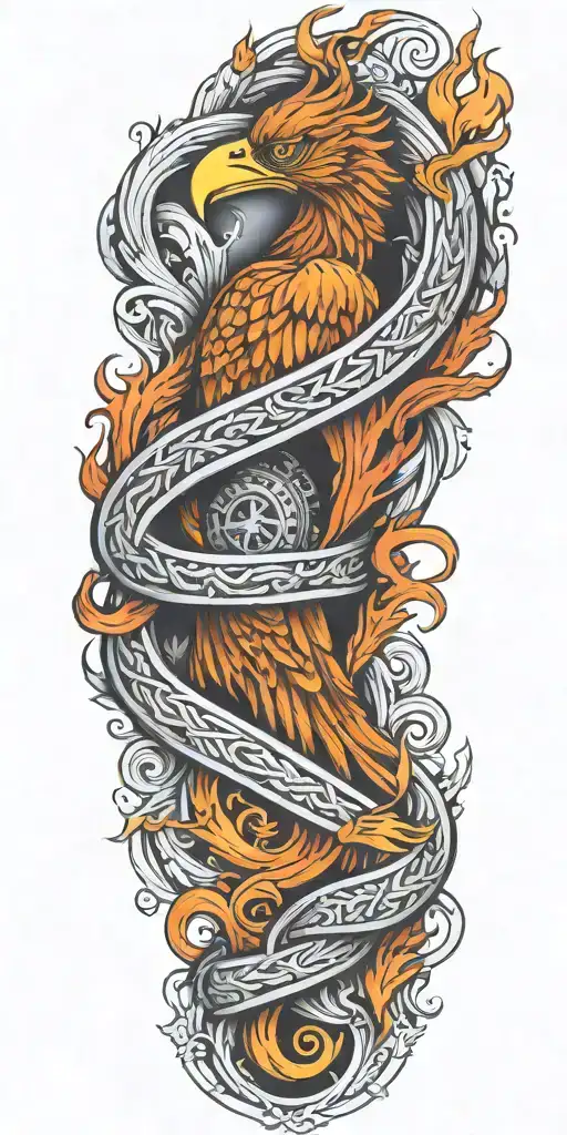 Firefighter Themed Sleeve With A Phoenix Transitioning Into Firehose Celtic Knot Work