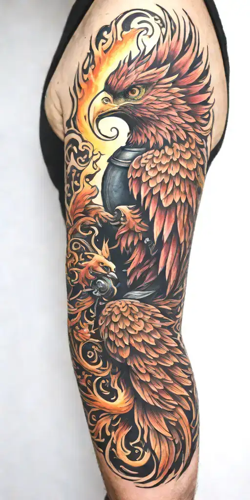 Firefighter Sleeve Tattoo Featuring Phoenix