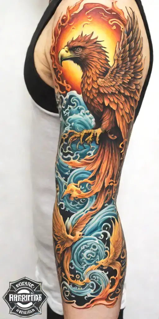 Firefighter Sleeve Tattoo Featuring Phoenix And Water