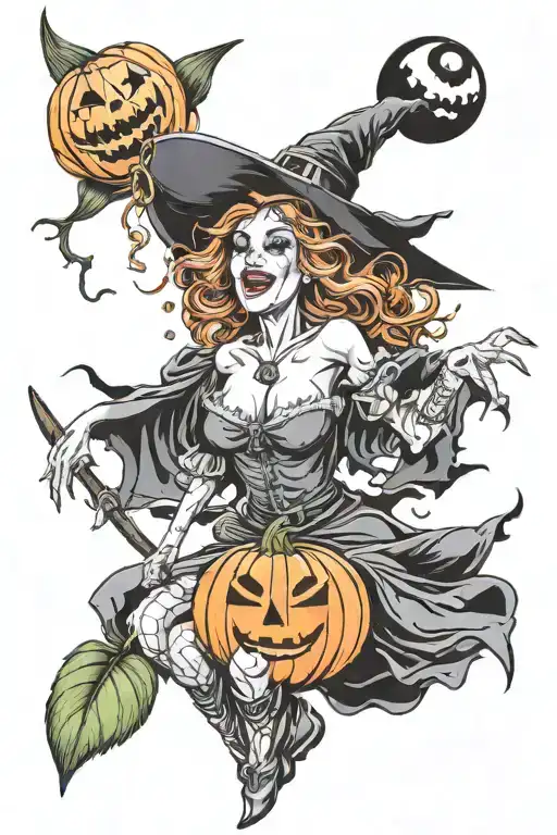 Happy Smiling Witch With A Pumpkin For A Head Wearing Lingerie And Flying On Broomstick