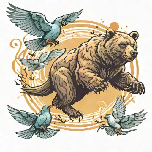 Bear And Two Pigeons Flying