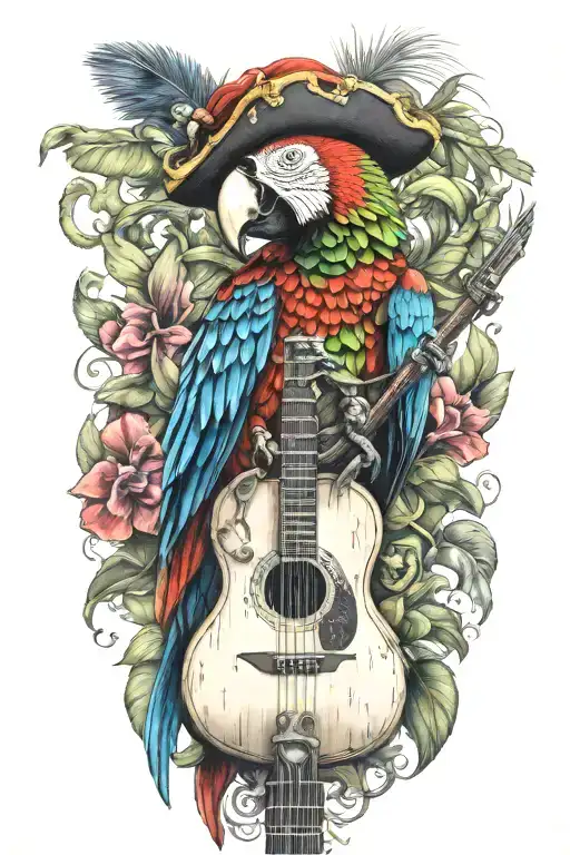 Parrot Pirate Hat Perched On Guitar